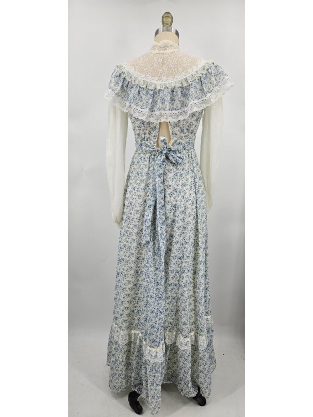 VTG Gunne Sax Prairie Maxi Dress Womens 5 Blue Floral Cottagecore Lace Gauze - Picture 5 of 8